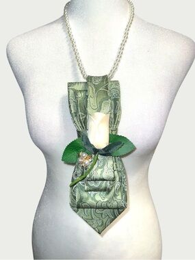 Green Paisley Neck Tie Statement Necklace with rose and Pearl Chain